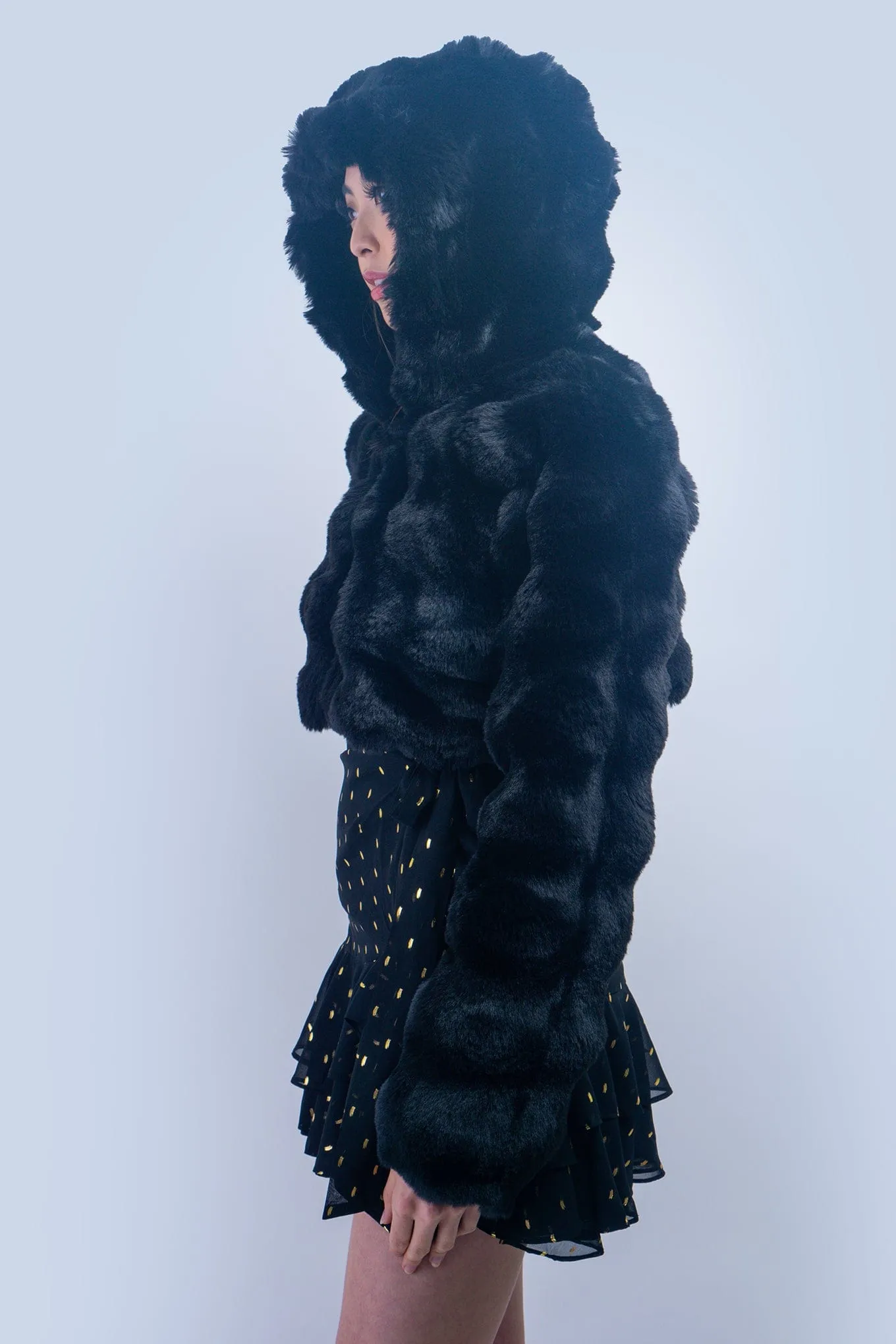 Black  Faux Fur Hooded Crop Jacket