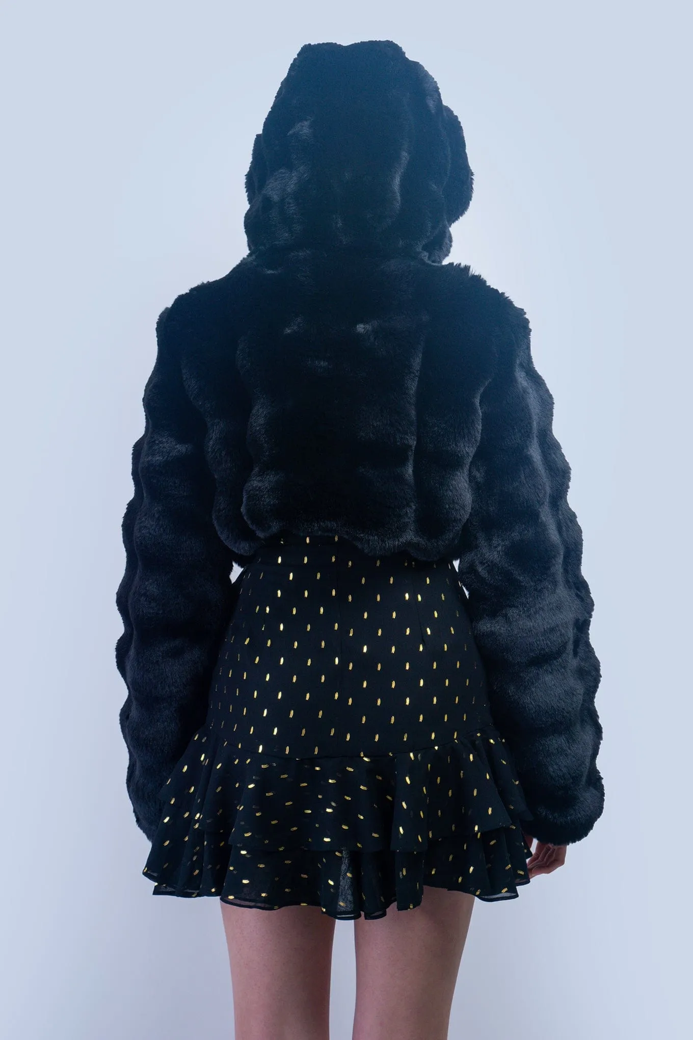 Black  Faux Fur Hooded Crop Jacket