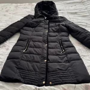 Calvin Klein black hooded puffer coat, size M gold hardware logo pockets long