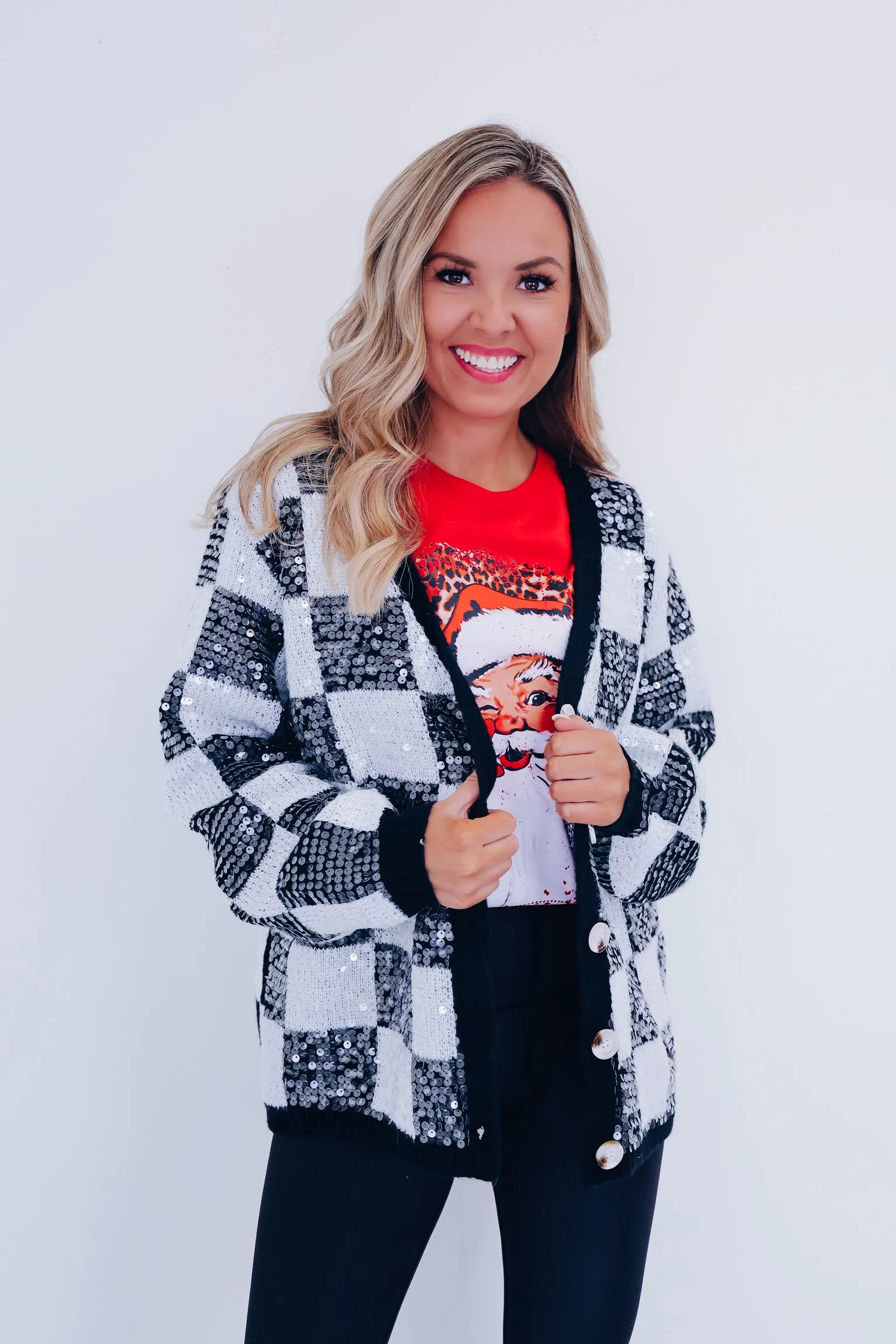 Cheery Checkered N Sequin Cardigan - Black/White