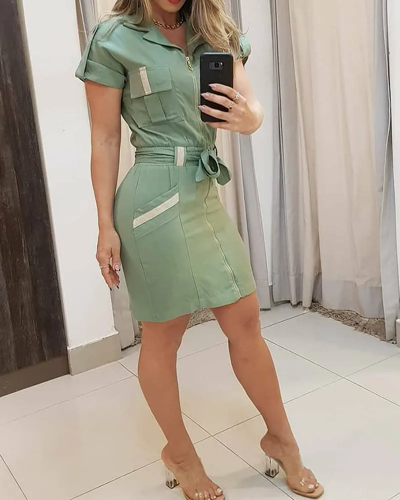 Chic Utility-Inspired Zipper Front Belted Shirt Dress