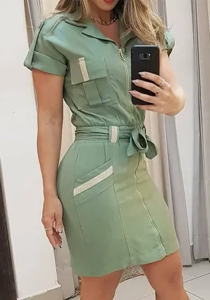 Chic Utility-Inspired Zipper Front Belted Shirt Dress