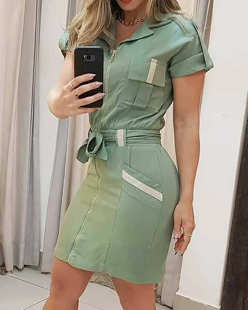 Chic Utility-Inspired Zipper Front Belted Shirt Dress