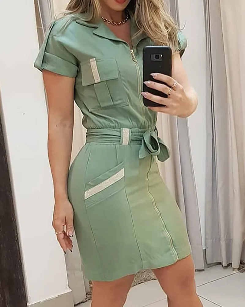 Chic Utility-Inspired Zipper Front Belted Shirt Dress