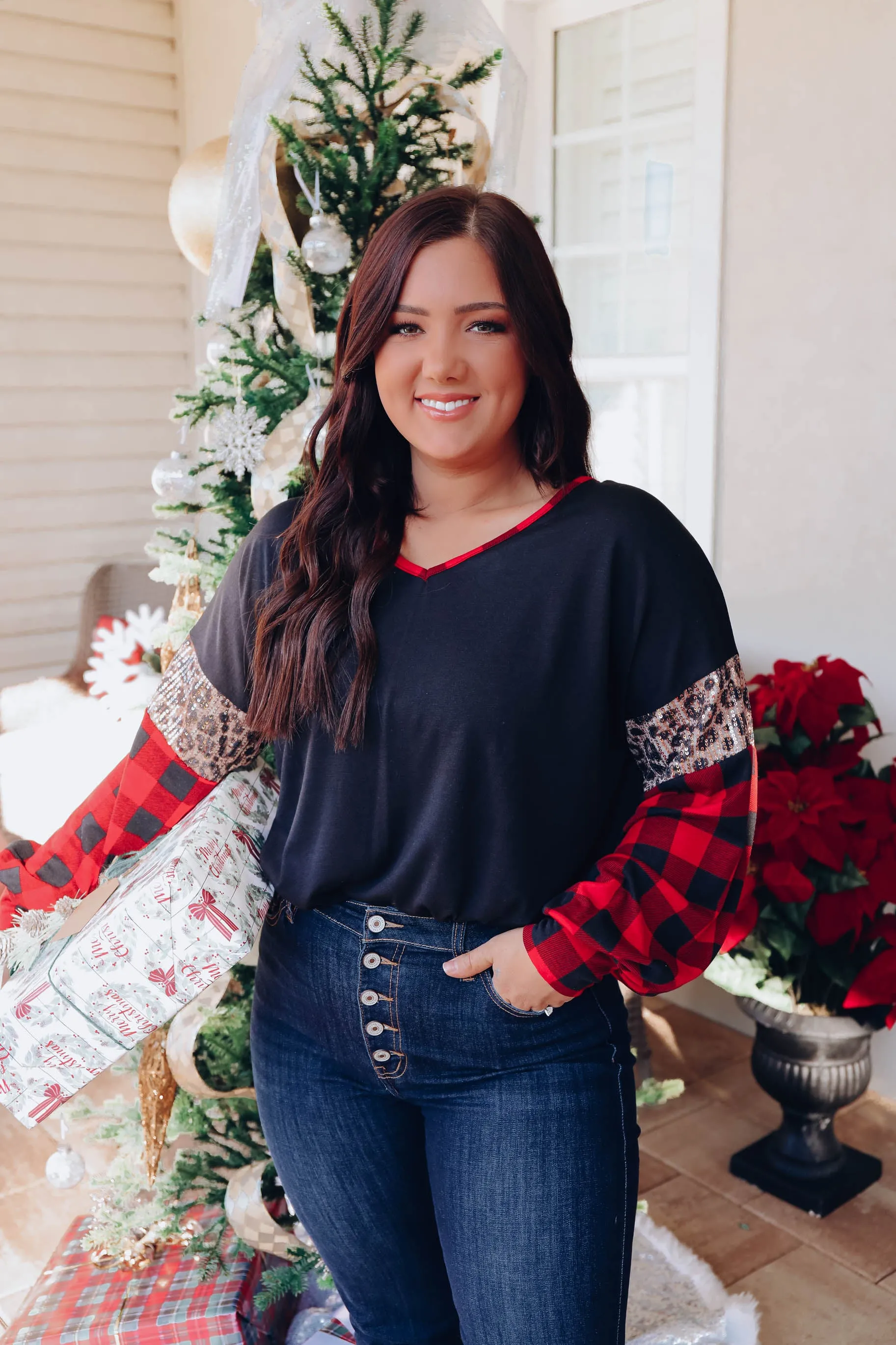 Fiercely Festive Plaid Sleeve Top - Red