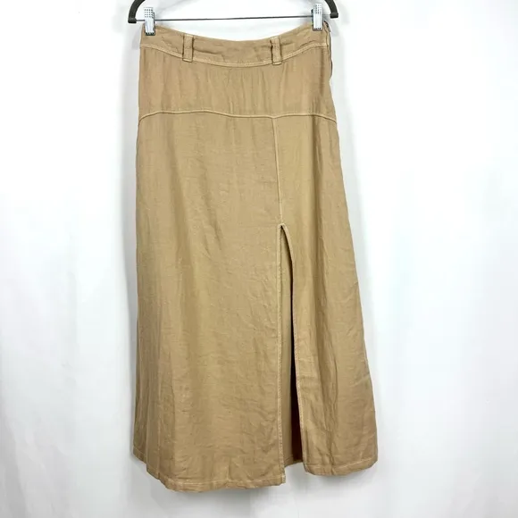 Free People NEW Women’s Size 2 Tan Isla Linen Maxi Skirt Boho Side Slit Coastal