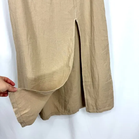 Free People NEW Women’s Size 2 Tan Isla Linen Maxi Skirt Boho Side Slit Coastal