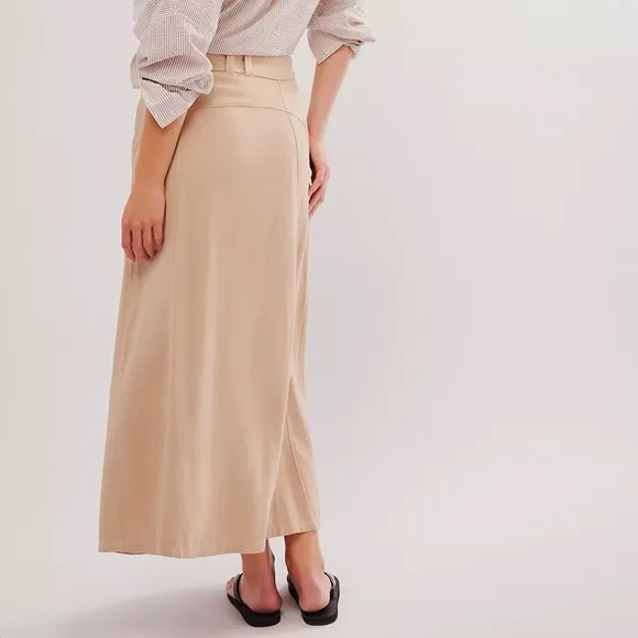 Free People NEW Women’s Size 2 Tan Isla Linen Maxi Skirt Boho Side Slit Coastal
