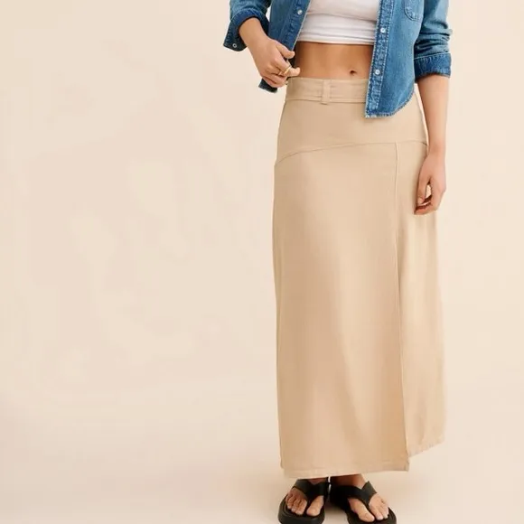 Free People NEW Women’s Size 2 Tan Isla Linen Maxi Skirt Boho Side Slit Coastal