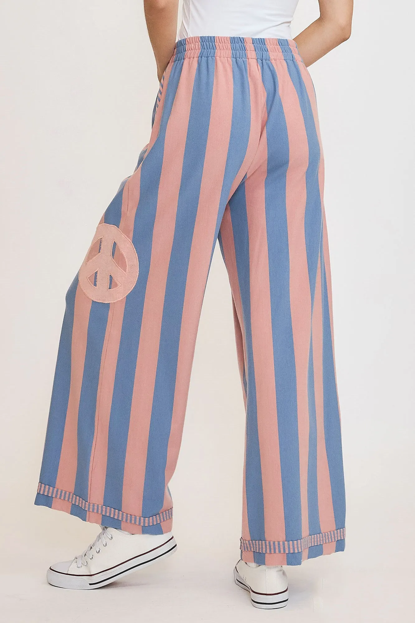 Hazel Blues® |  Umgee Peace Sign Patch Striped Wide Leg Pants