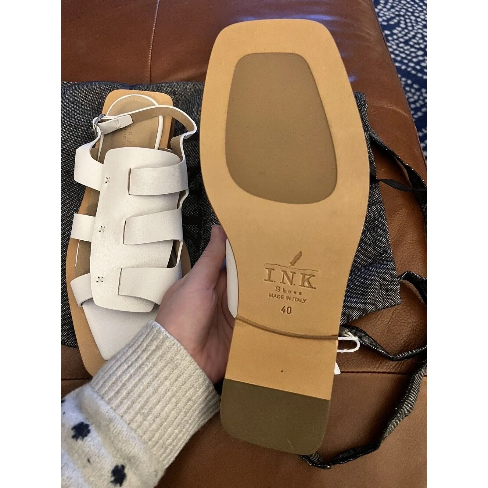 I.N.K. Women's Flat Sandals – White & Tan Leather – Size 40 (US 7/ EU 40)