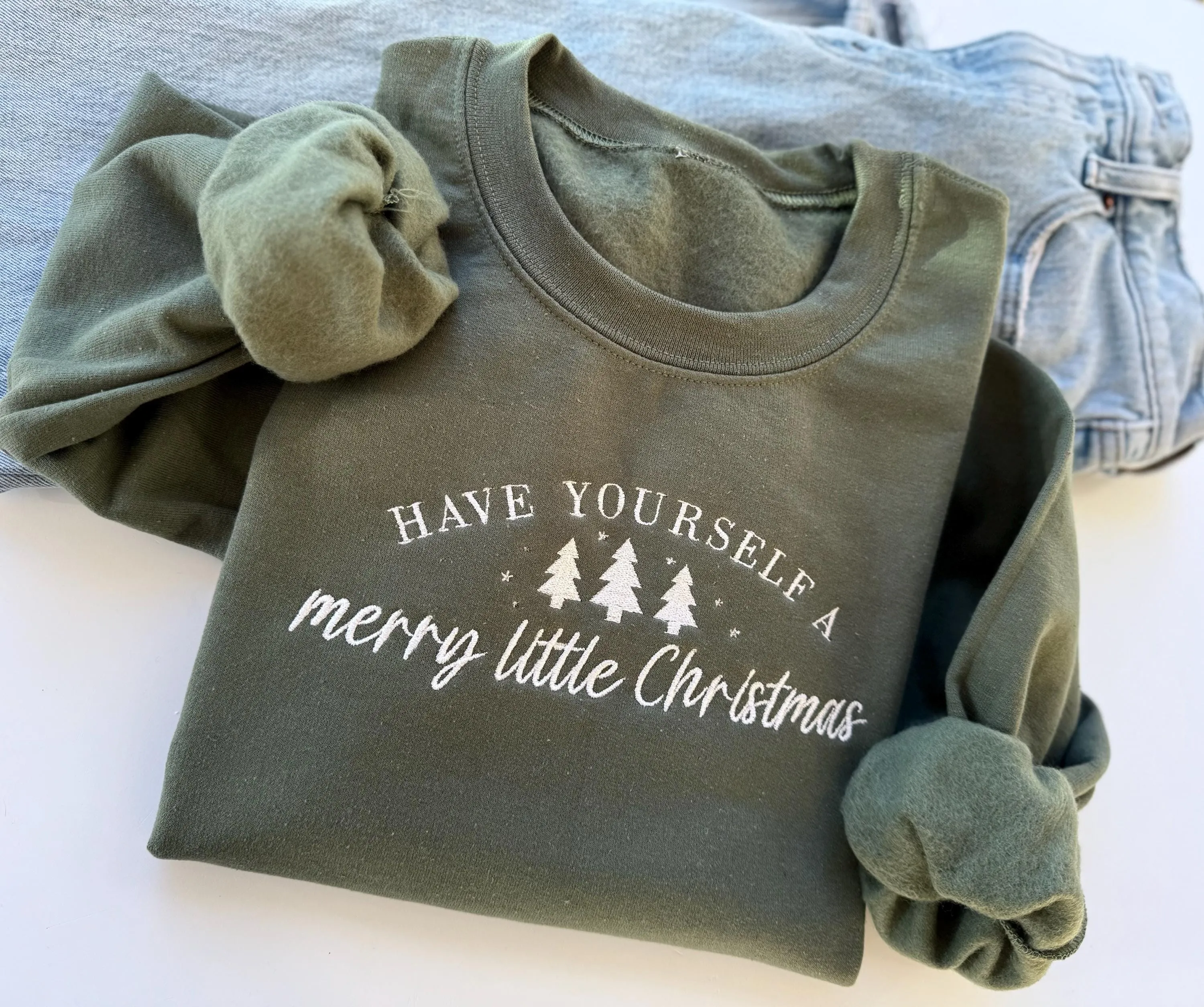Merry Little Christmas Sweatshirt - Embroidered Christmas Sweater