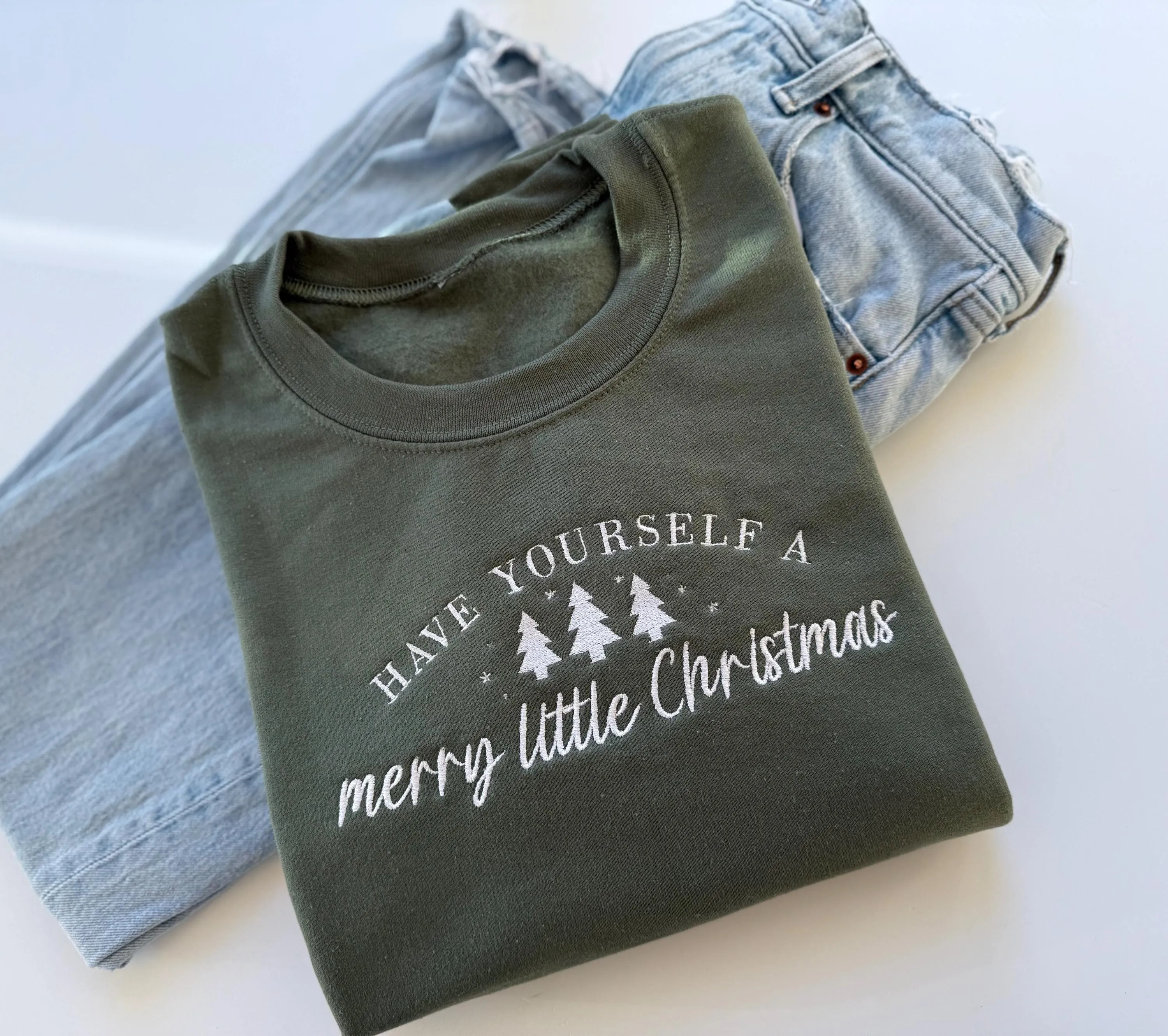 Merry Little Christmas Sweatshirt - Embroidered Christmas Sweater