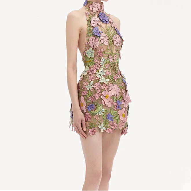 Nori Halter Flower Embroidery Mini Dress