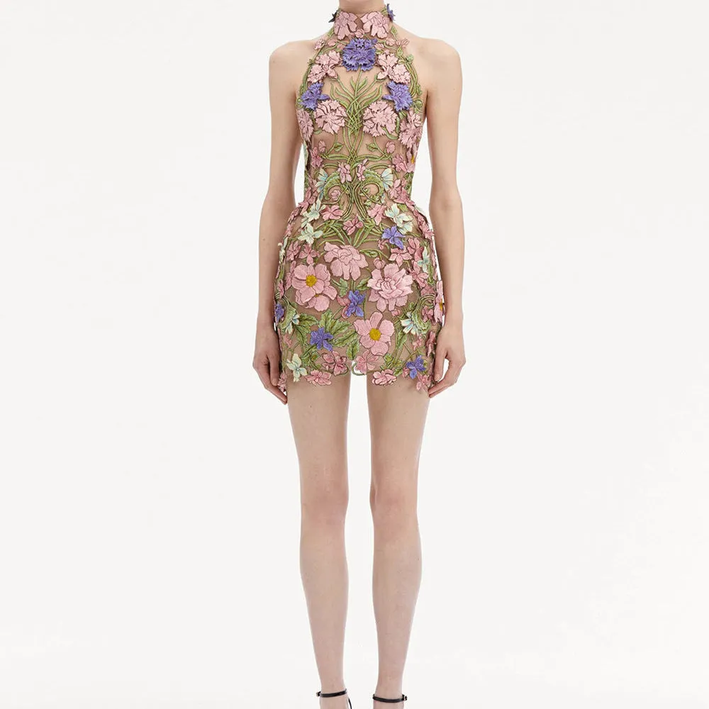 Nori Halter Flower Embroidery Mini Dress