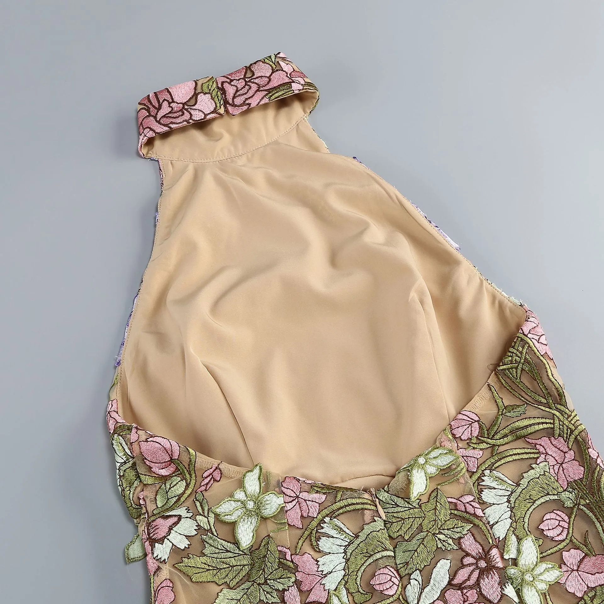 Nori Halter Flower Embroidery Mini Dress