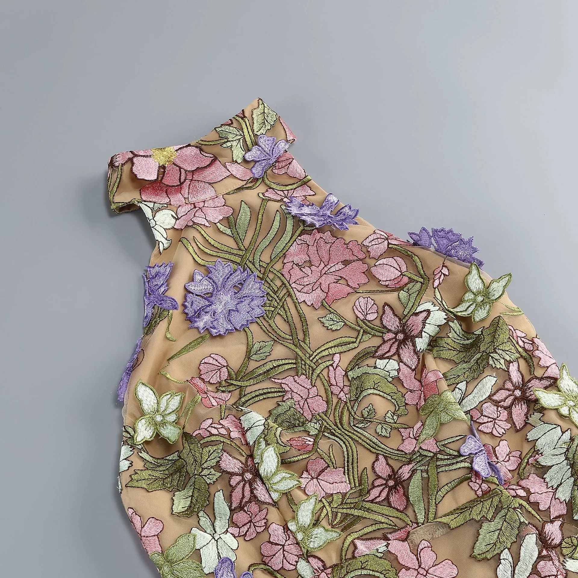 Nori Halter Flower Embroidery Mini Dress