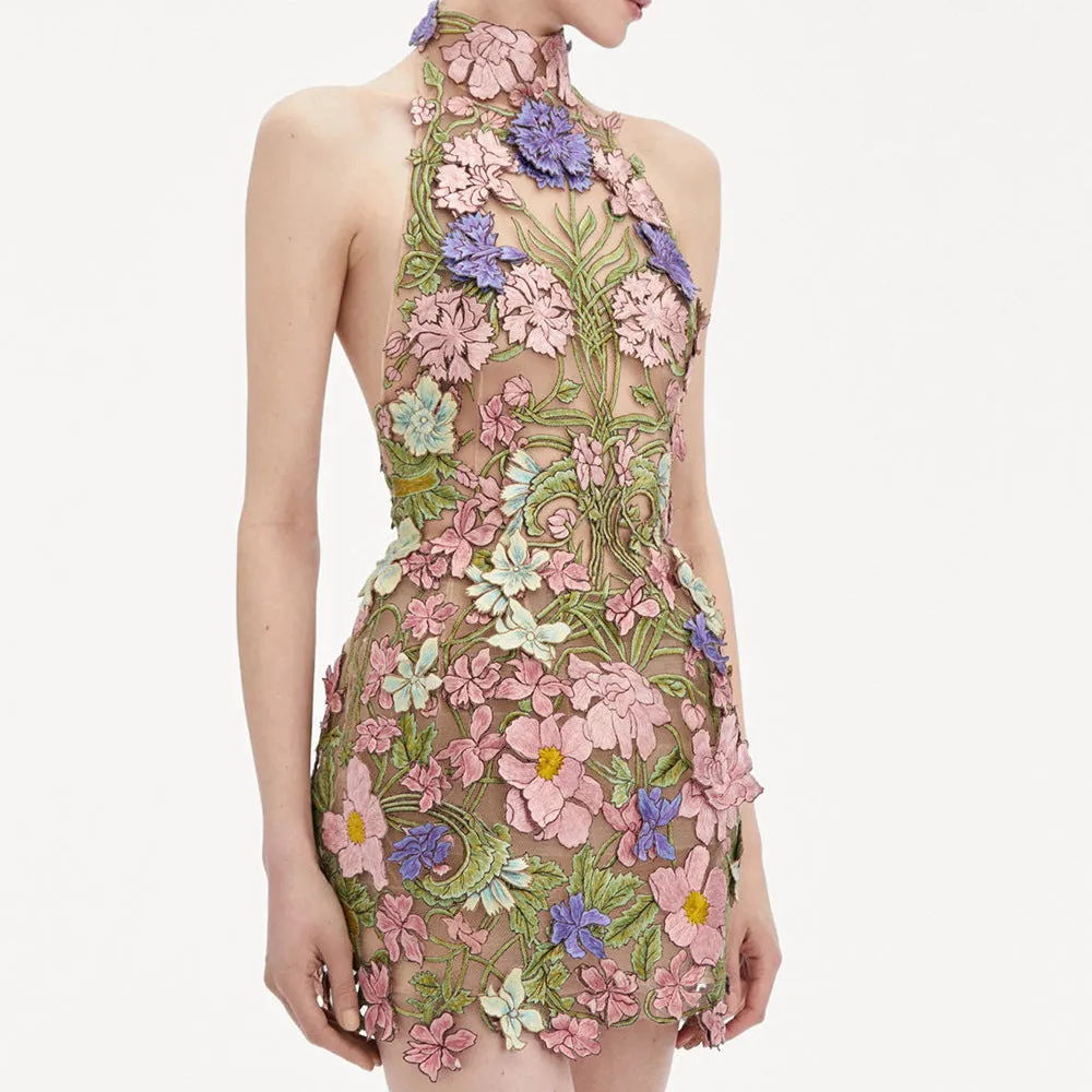Nori Halter Flower Embroidery Mini Dress