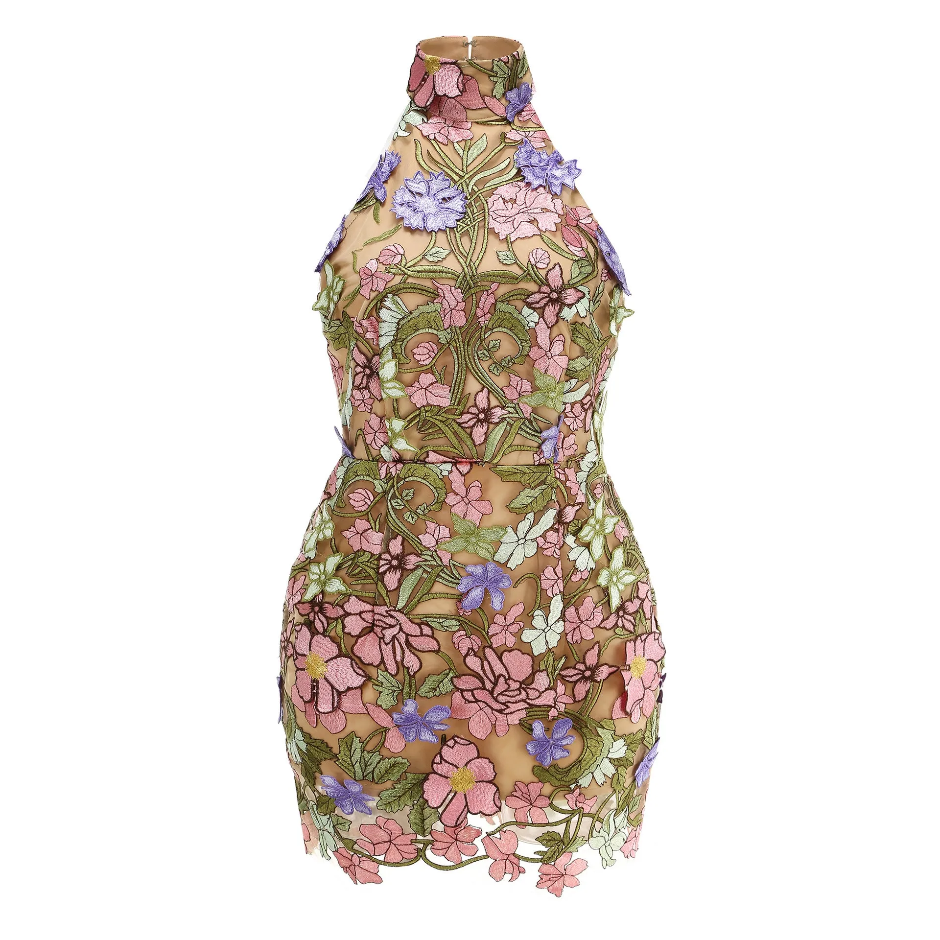 Nori Halter Flower Embroidery Mini Dress