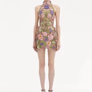 Nori Halter Flower Embroidery Mini Dress