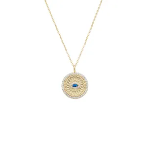 Pavé Sapphire Blue Evil Eye Disc Necklace