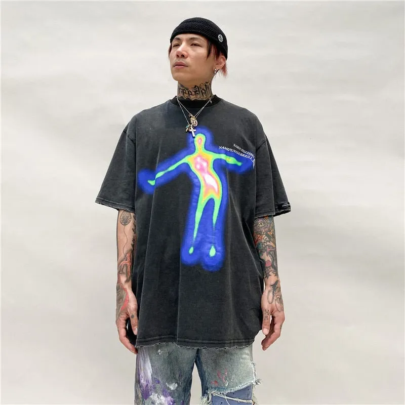 "DISTORTED" T-shirt Bleu Oversize Imprimé Streetwear - URB1™