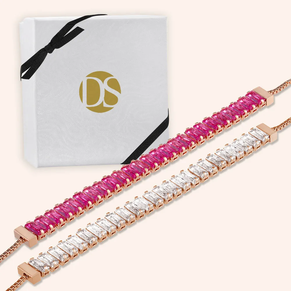 "Stellar Duo" 12.5CTW Clear & Blue Sapphire Baguette Cut Tennis Pull-Tie Bracelet Set - Silver