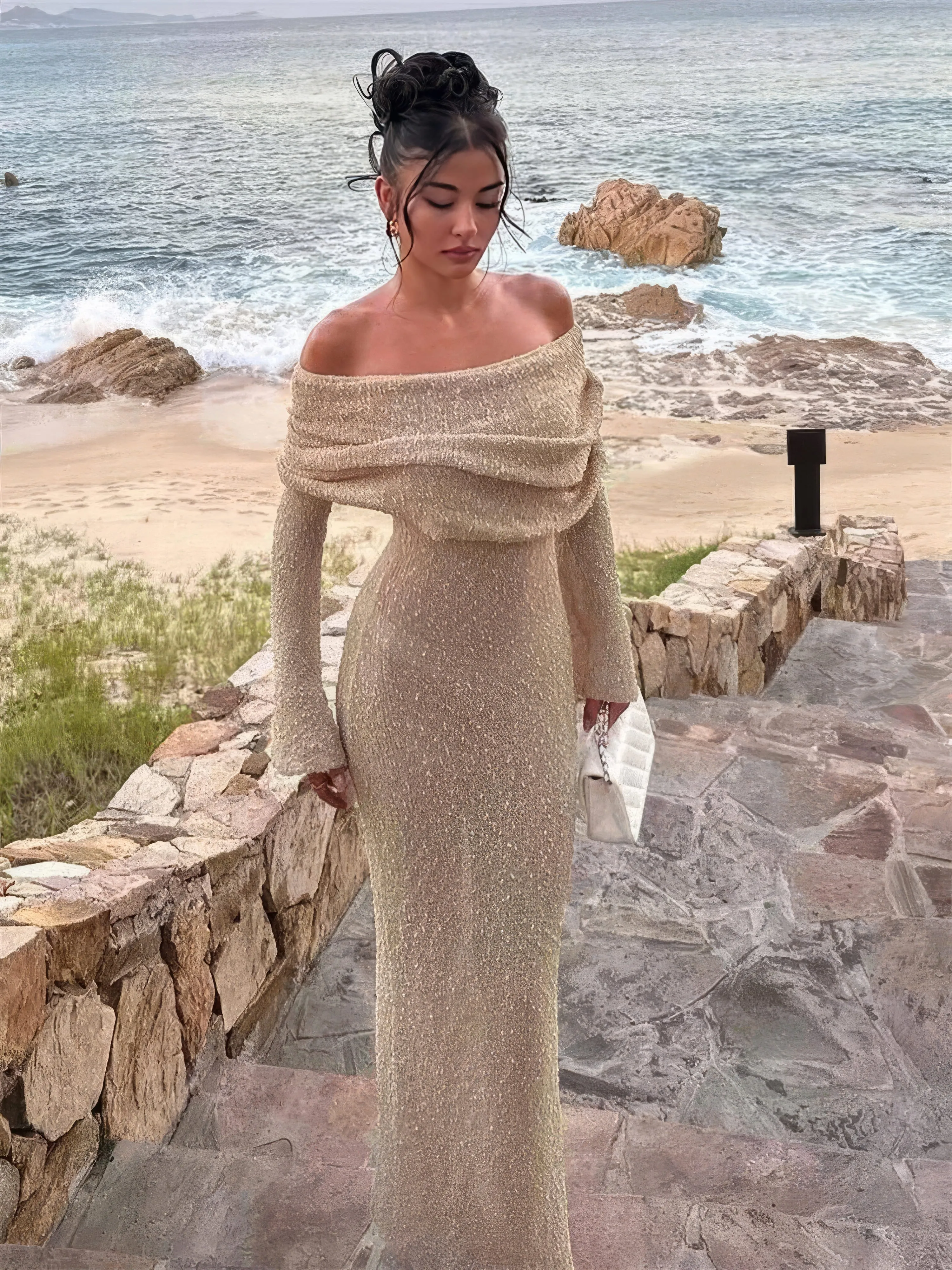 Sheer Knit Maxi Dress | Polyester Blend | Off-Shoulder Elegance
