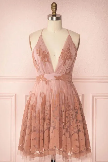 Sleeveless Deep V-neck Short Prom Homecoming Dress with Lace OHM033