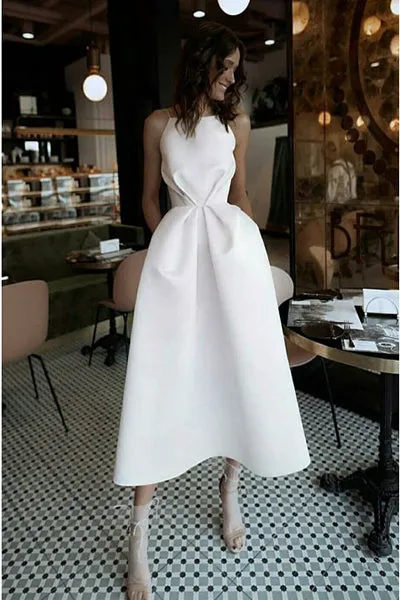 Spaghetti Straps White Prom Dress with Pockets Backless Tea-Length Party Dress PD002