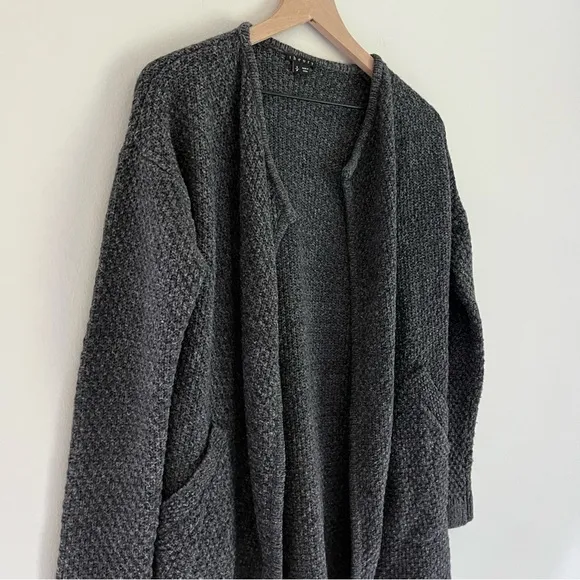 Theory Wool Women’s Open Front Pocket Sweater Cardigan in Dark Grey Size Small