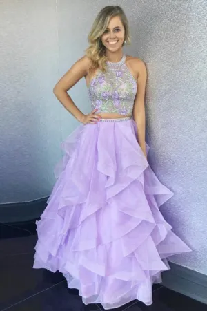 Two Piece Jewel Floor-Length Lavender Tired Prom Dress with Appliques CAD59