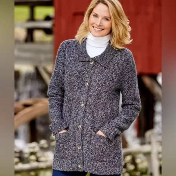 Vermont Country Store Wool Blend Cable Knit Marbled Navy Blue Cardigan Size L